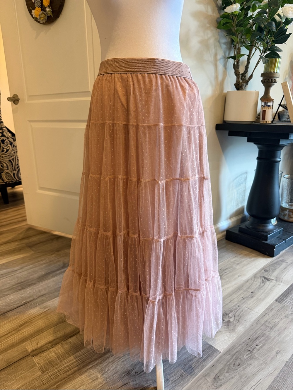 Anthropologie Tiered Mesh Midi Skirt in Dusty Rose